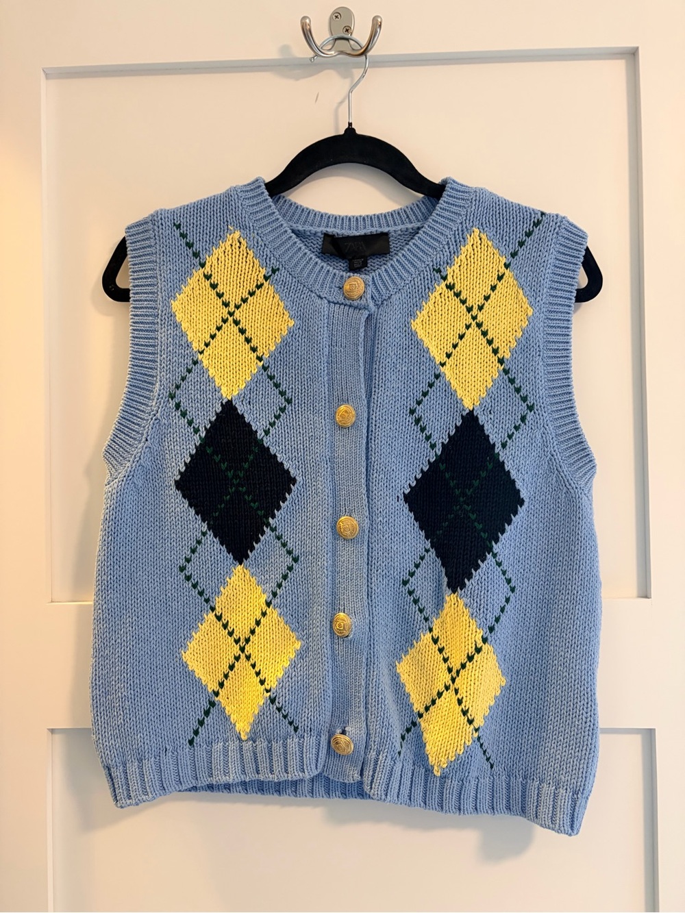 Zara Light Blue Argyle Button-Front Sweater Vest with Yellow and Navy